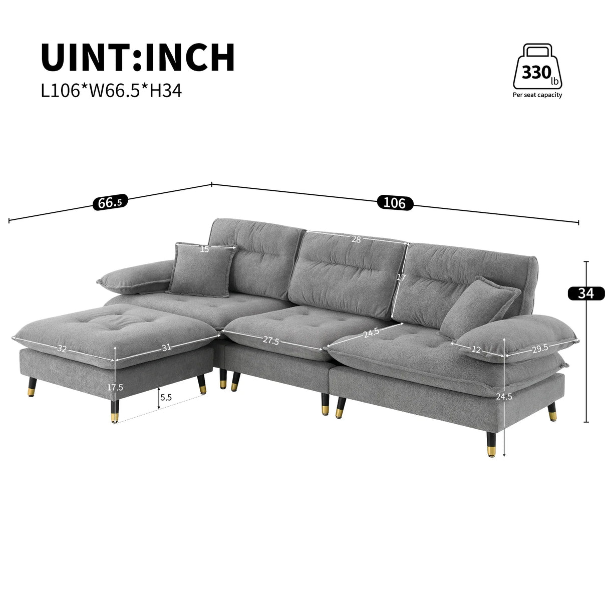 Sectional Sofa Cloud Chenille L Shape With Ottoman Gray - Furniture Home Direct