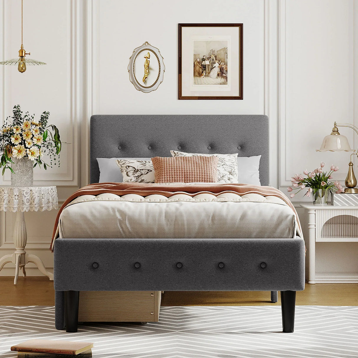 Twin Size Upholstered Platform Bed With 2 Drawers - Gray - Furniture Home Direct
