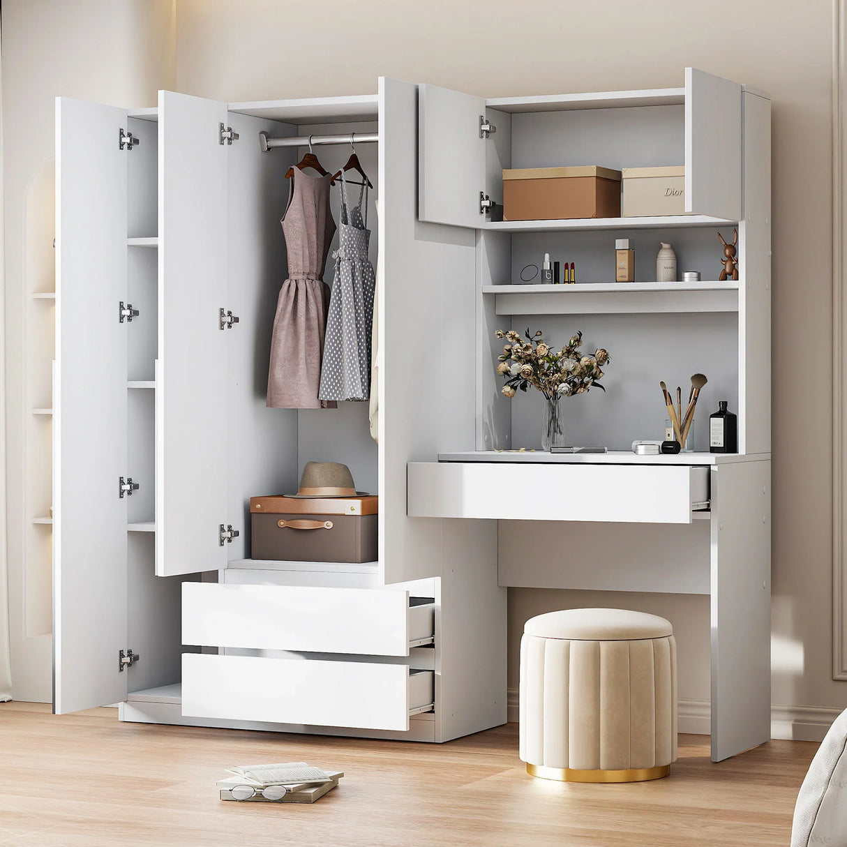 3 Door Storage Desk Wardrobe For Bedroom With Shelves And 3 Drawers - Furniture Home Direct
