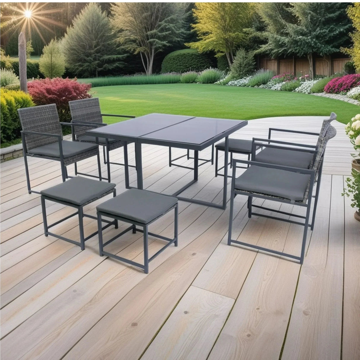 9 Pieces Patio Dining Sets Outdoor Space Saving Rattan Chairs With Glass Table Top Wicker And Cushion - Dark Gray - Furniture Home Direct