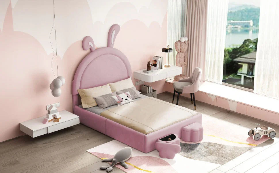 Rabbit Shaped Bed With Storage Stools Upholstered Pink - Furniture Home Direct