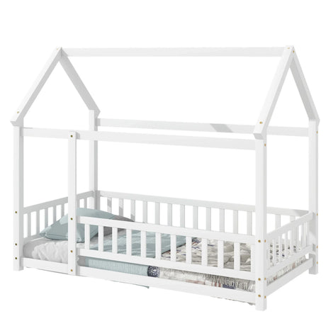 Floor Wooden Bed With House Roof Frame, Fence Guardrails - Furniture Home Direct