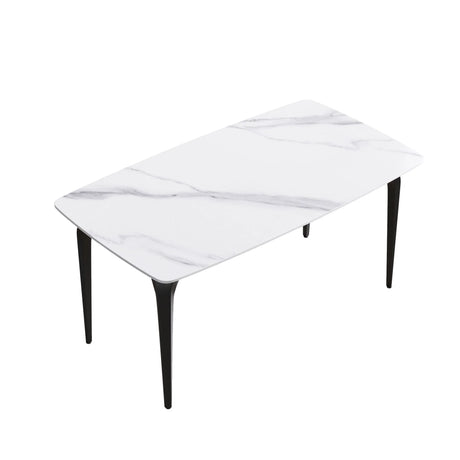 63" Modern Artificial Stone White Curved Black Metal Leg Dining Table, 6 People - White - Furniture Home Direct