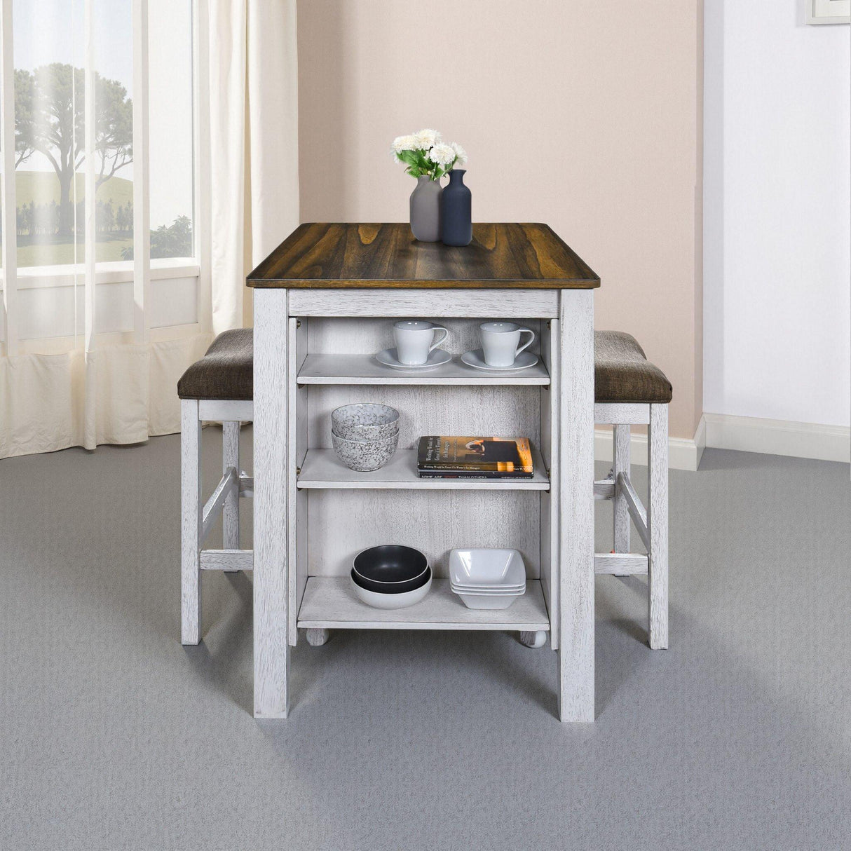 3 Pieces Counter Set Storage Space For Small Space Modern Farmhouse Design Retro Design Easy To Assembly - Antique Dark Oak / Antique White - Furniture Home Direct