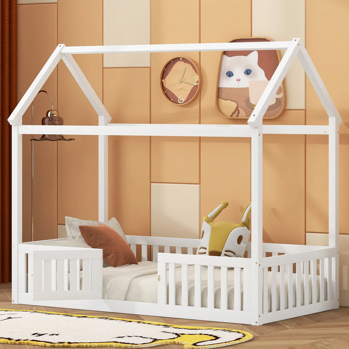 Wood House Bed With Fence And Door - Furniture Home Direct