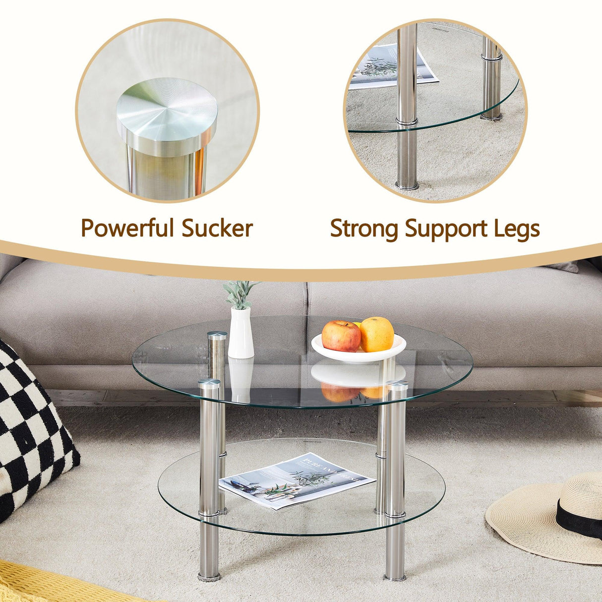 Coffee Table Two Tier Glass Top Polished Metal Legs Silver - Furniture Home Direct