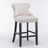 Contemporary Velvet Upholstered Wing-Back Barstools With Button Tufted Decoration And Wooden Legs, And Chrome Nailhead Trim, Leisure Style Bar Chairs, Bar Stools (Set of 2) - Furniture Home Direct
