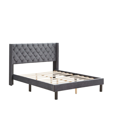 Queen Platform Tufted Upholstered Bed With Wings Design, Strong Wood Slat Support - Gray - Furniture Home Direct