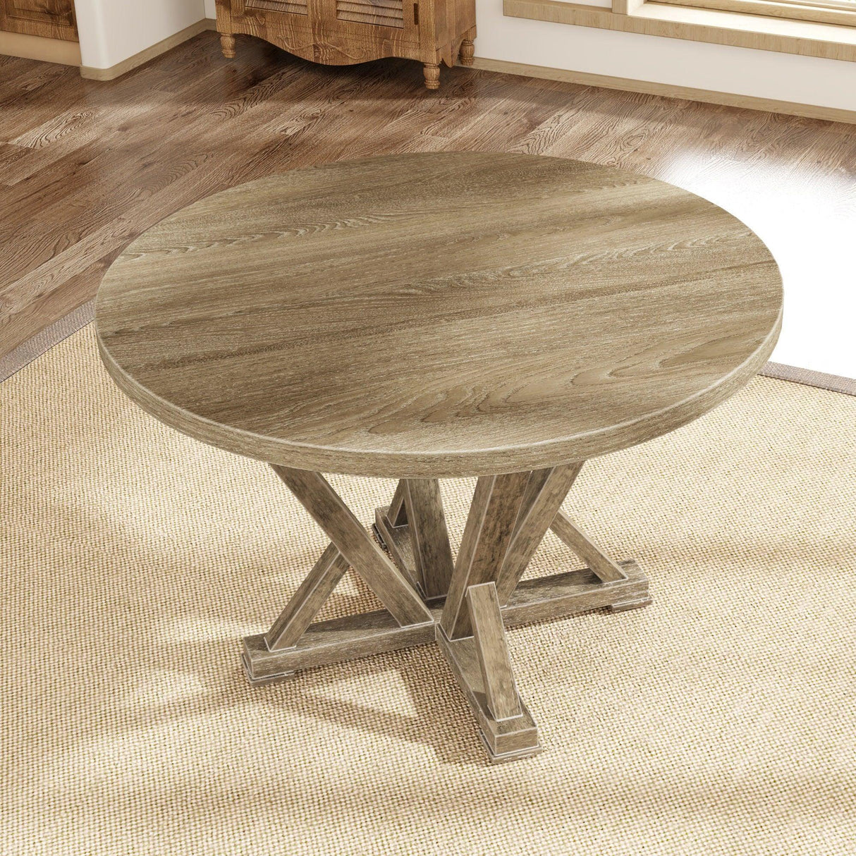 Modern Farmhouse Round Dining Table Solid Wood Rubberwood Antique Finishing Rustic Look Distressed Look Wire Brushed For 4 Seaters - Grayish Brown - Furniture Home Direct