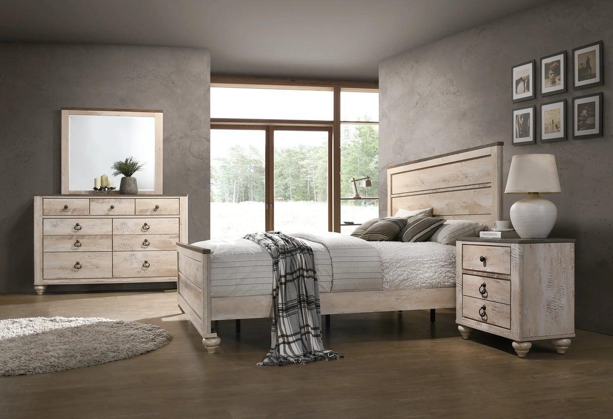 King Bed Dresser Nightstand Mirror Distressed Whitewash - Furniture Home Direct