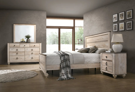 King Bed Dresser Nightstand Mirror Distressed Whitewash - Furniture Home Direct