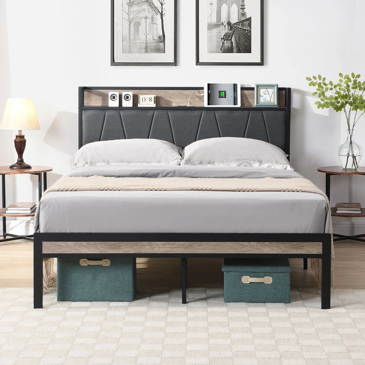 Modern Platform Bed Frame With Upholstered Storage Headboard, USB Ports - Furniture Home Direct