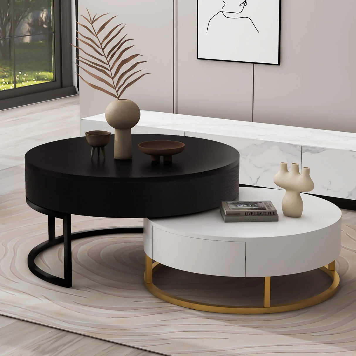 Nesting Coffee Tables Round Lift-Top Modern Black and White - Furniture Home Direct