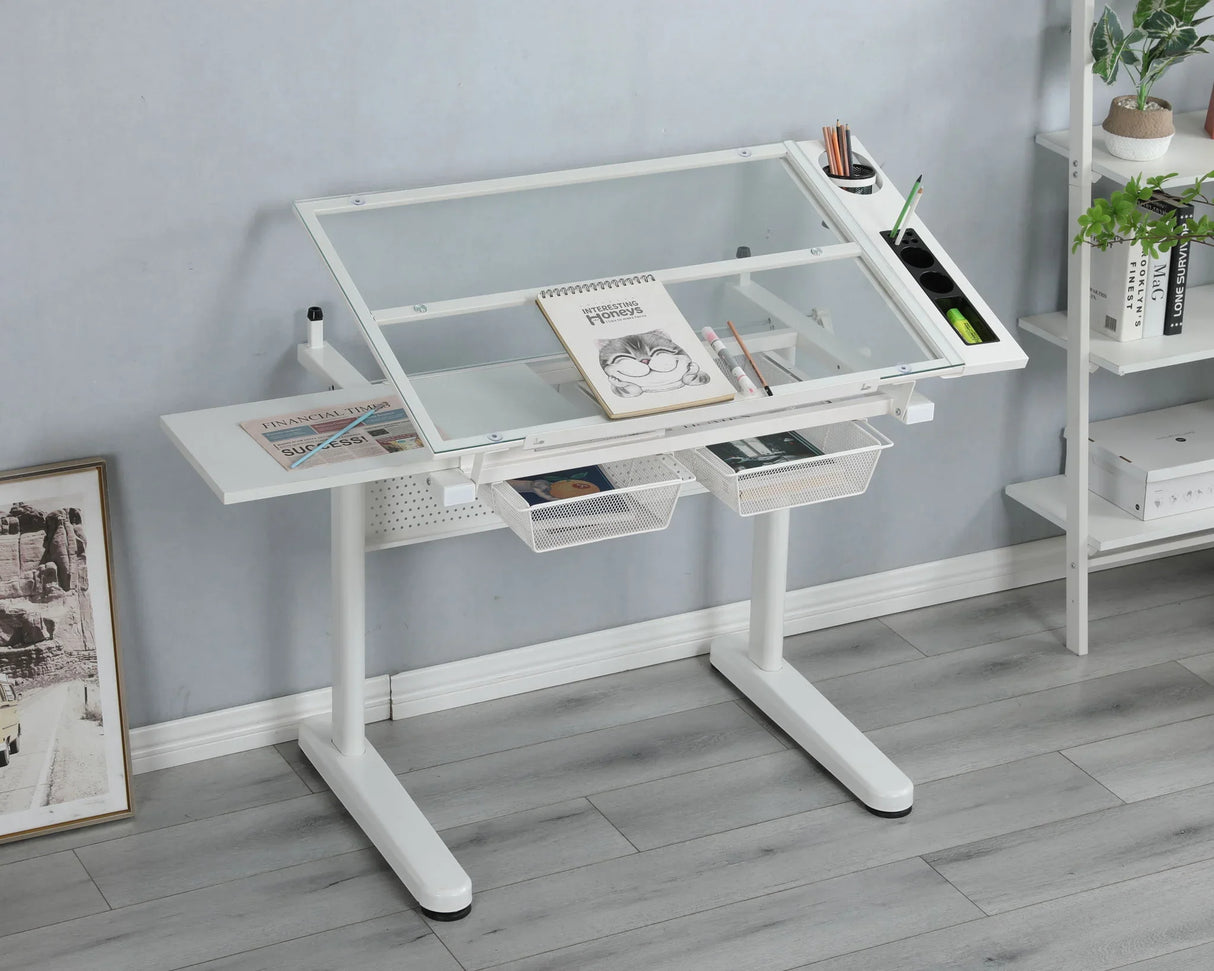 38.18" Hand Crank Adjustable Drafting Table Drawing Desk With 2 Metal Drawers With Stool - Furniture Home Direct