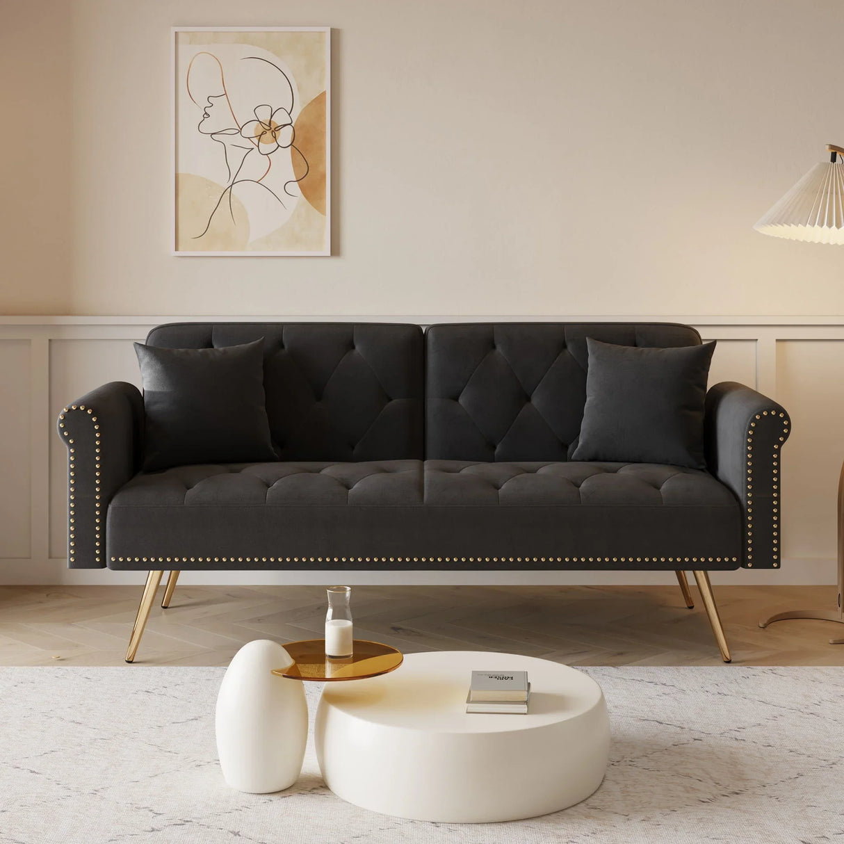Luxurious Velvet Sofa Bed With Nail Head Trim And Matching Pillow - Furniture Home Direct