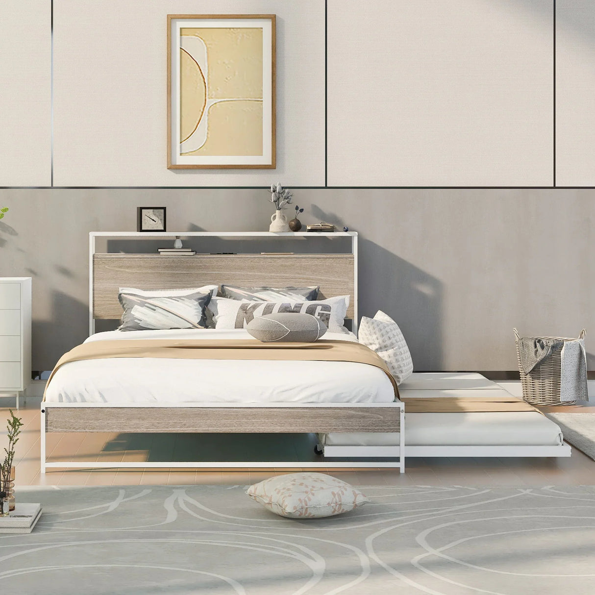 Platform Bed Frame With Trundle, USB Ports And Slat Support, No Box Spring Needed - Furniture Home Direct