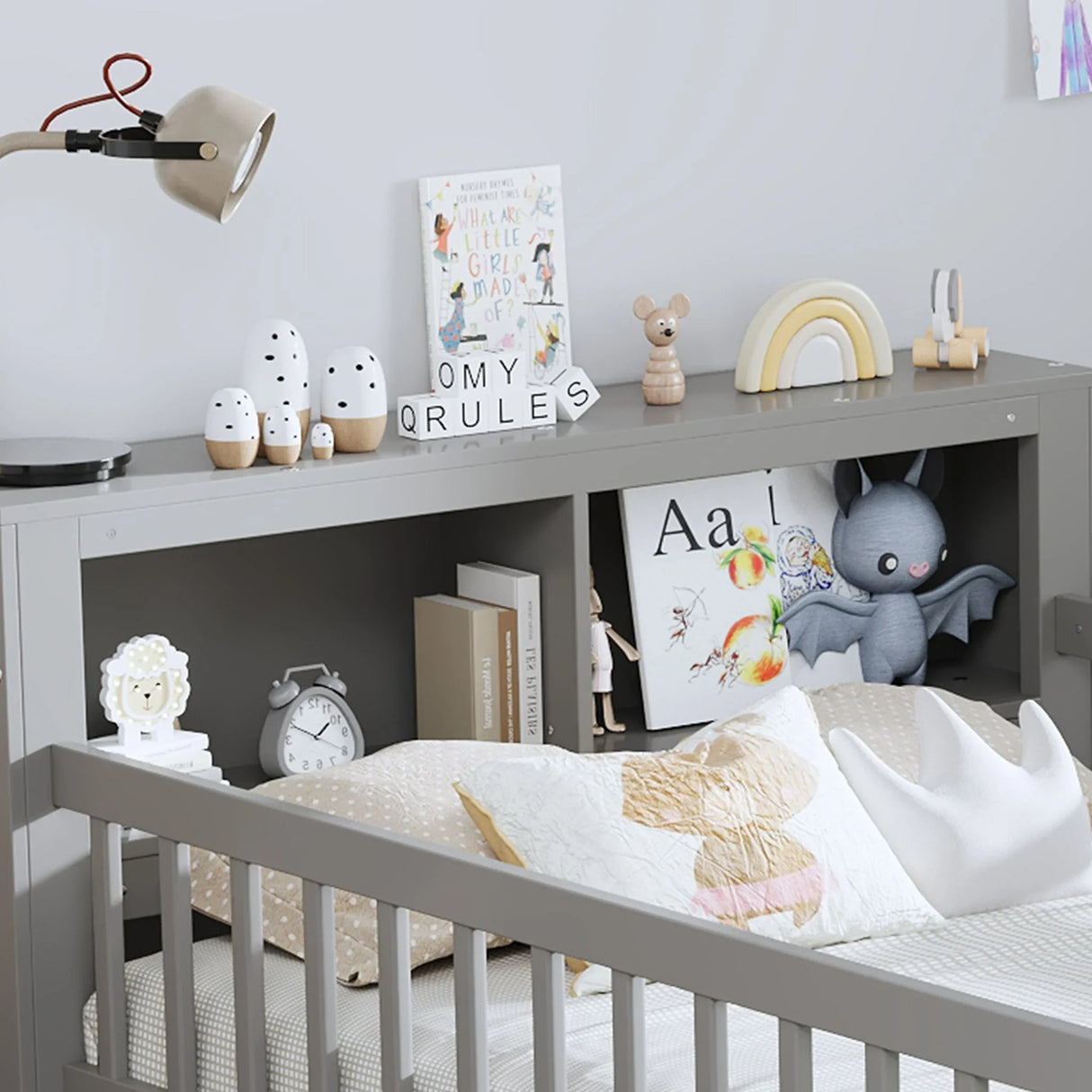 Bed With Headboard Storage Rack, 2 Under Bed Drawers, 3 Side Guardrails For Safety - Furniture Home Direct