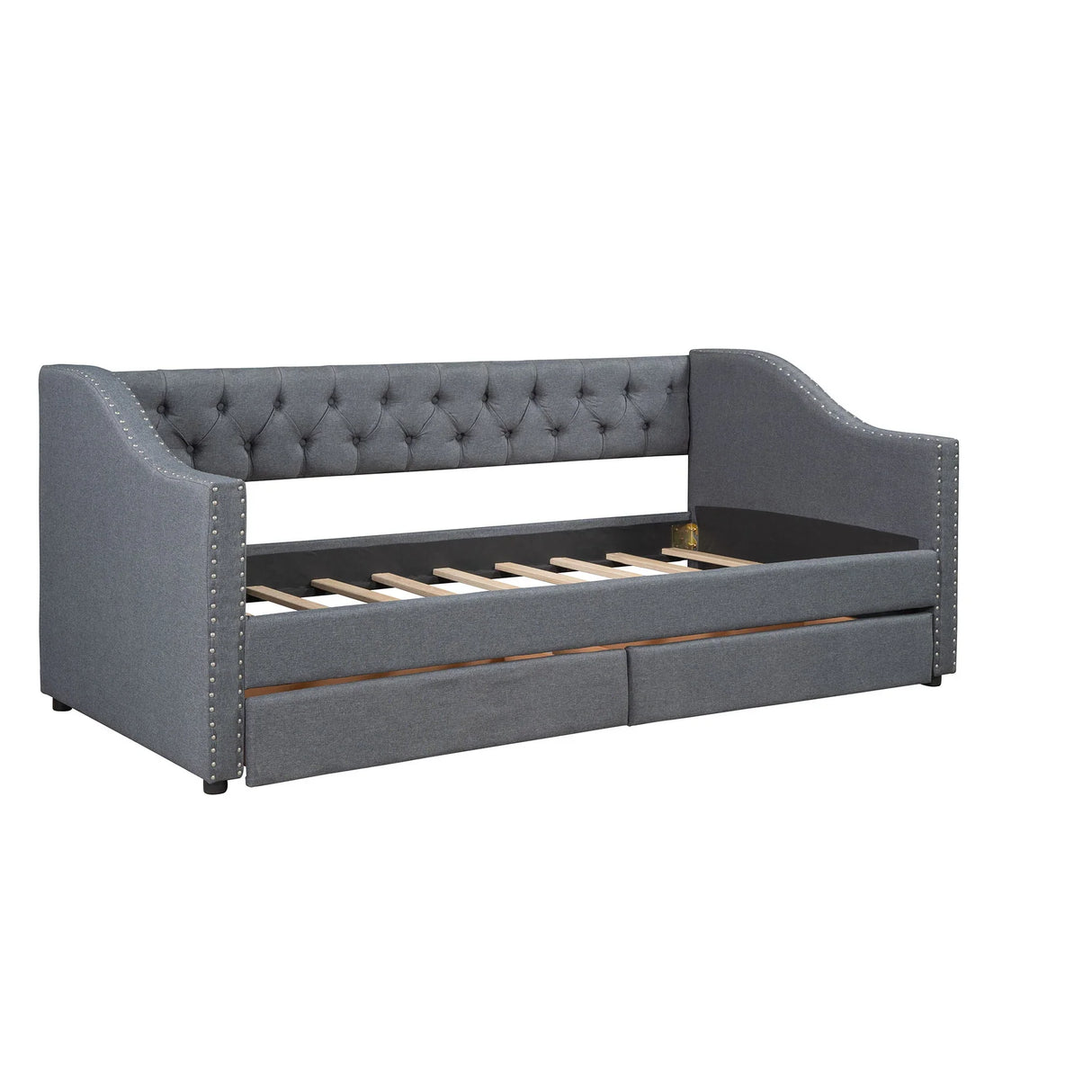 Twin Size Upholstered Daybed With Two Drawers, Slat Support - Gray - Furniture Home Direct