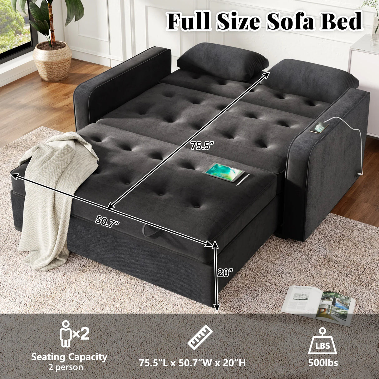 66.5" Upholstered Loveseat With Pull Out Bed, Two Throw Pillows, Dual USB Charging Port and Adjustable Backrest - Black - Furniture Home Direct