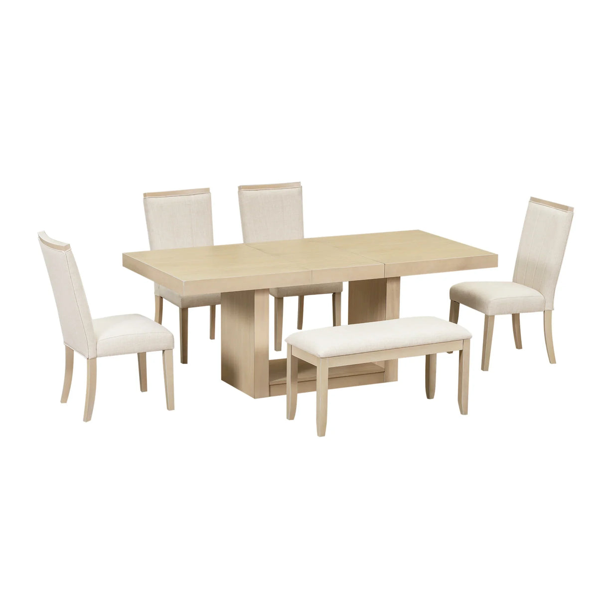 Dining Set Extendable Pedestal Table Bench And Chairs Beige - Furniture Home Direct