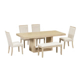 Dining Set Extendable Pedestal Table Bench And Chairs Beige - Furniture Home Direct