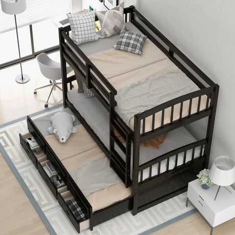 Twin Over Twin Wood Bunk Bed With Trundle And Drawers - Espresso - Furniture Home Direct