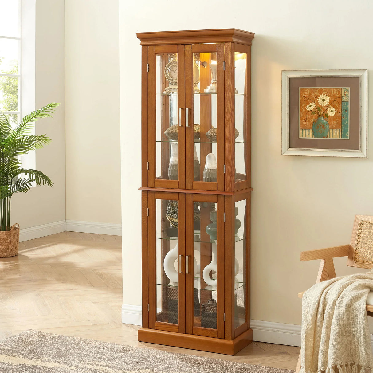 Curio Cabinet Lighted Curio Diapaly Cabinet With Adjustable Shelves And Mirrored Back Panel, Tempered Glass Doors (6 Tier), (E26 Light Bulb Not Included) - Furniture Home Direct