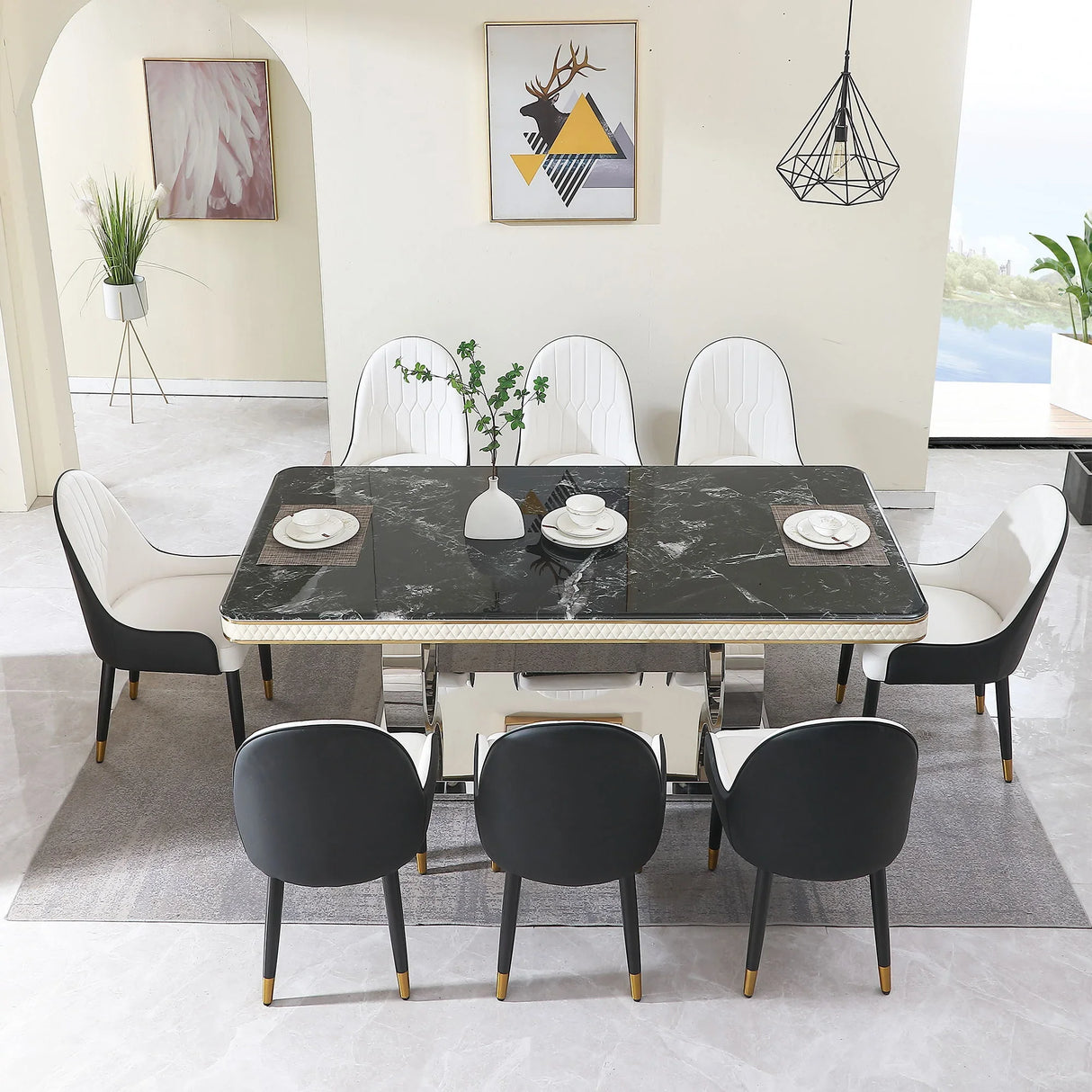 Luxury Modern Dining Table With 6 Chairs Marble Top Titanium Plated Base - Black - Furniture Home Direct
