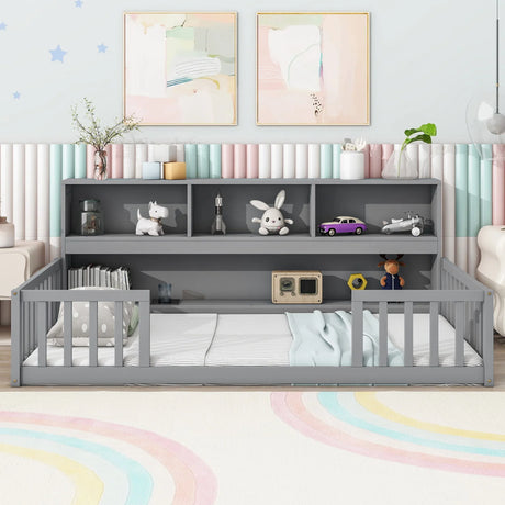 Floor Bed With Bedside Bookcase, Shelves, Guardrails - Furniture Home Direct