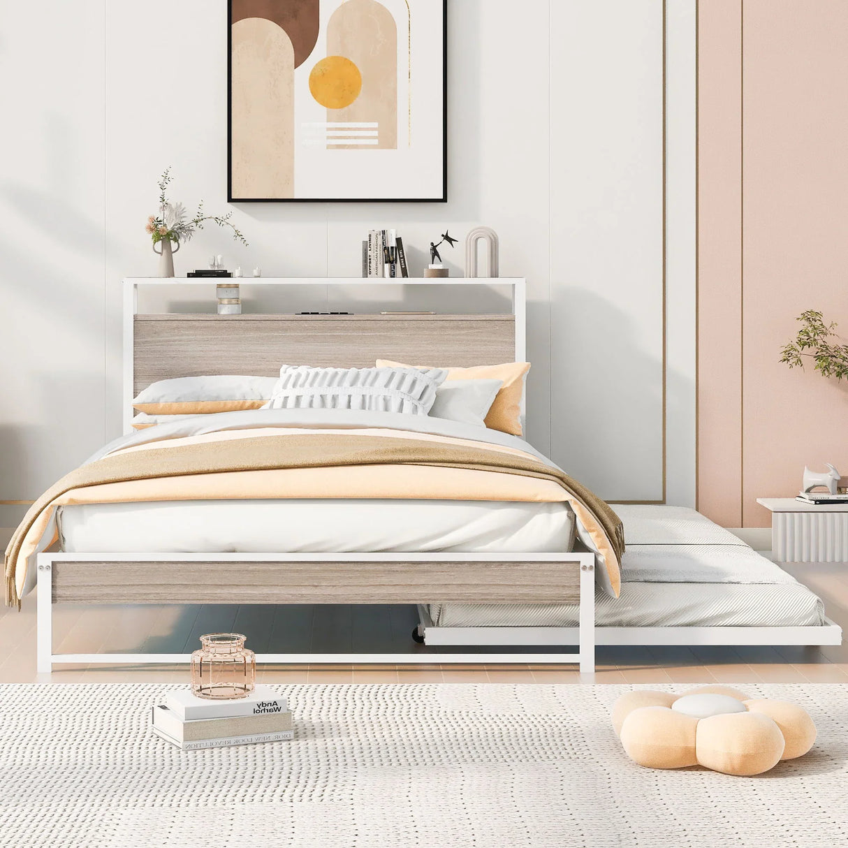 Platform Bed Frame With Trundle, USB Ports And Slat Support, No Box Spring Needed - Furniture Home Direct