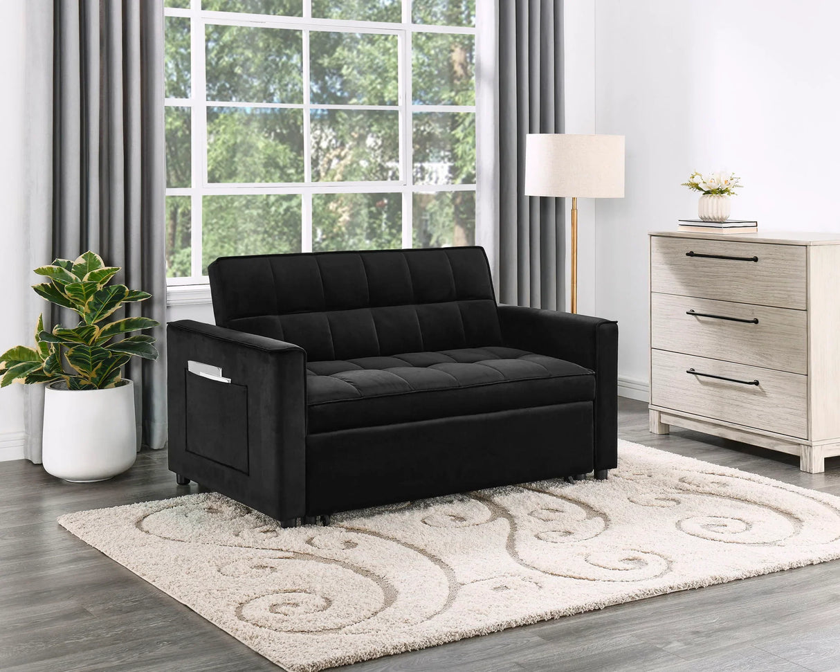 Maeve - Velvet Convertible Sleeper Loveseat With Tufting and Side Pocket - Black - Furniture Home Direct