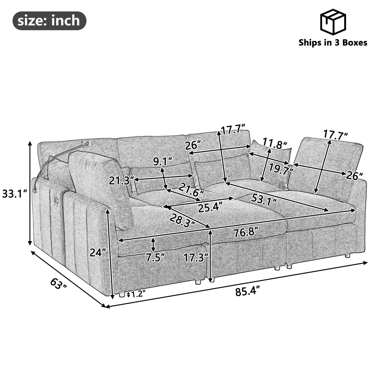 Modern Modular U-Shaped Sofa Bed With Movable Ottoman, USB Ports, Phone Holder - Furniture Home Direct