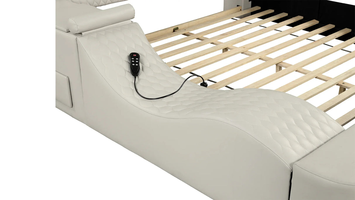 Queen Bed Upholstered Platform with Built in Lighting Beige - Furniture Home Direct