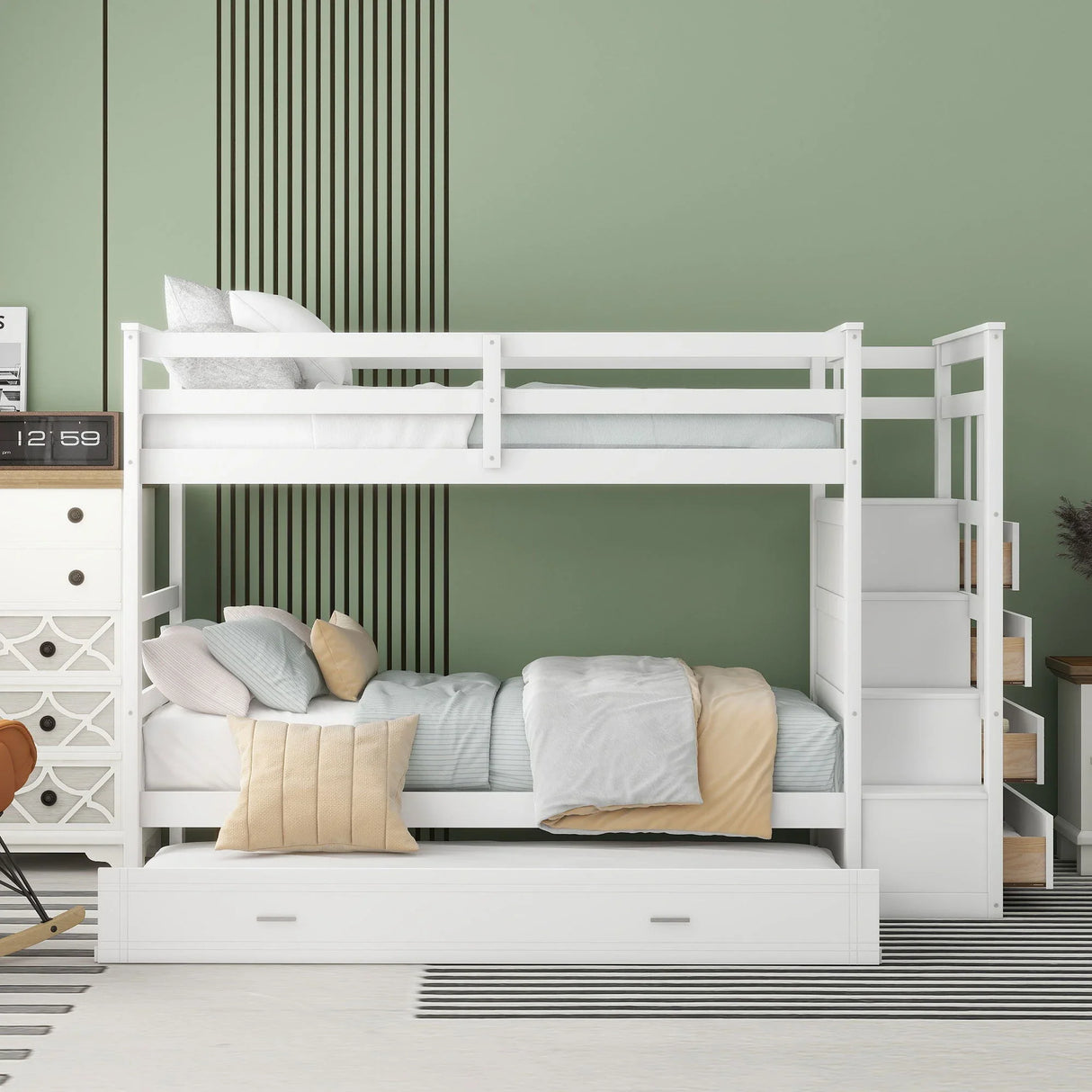 Twin Over Twin Bunk Bed With Trundle And Staircase - White - Furniture Home Direct