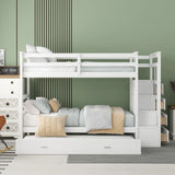 Twin Over Twin Bunk Bed With Trundle And Staircase - White - Furniture Home Direct