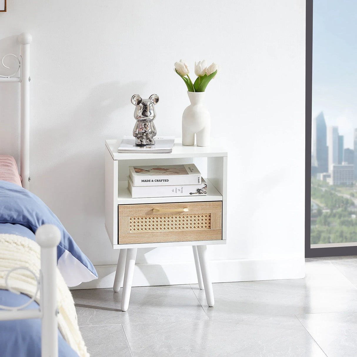15.75" Rattan End Table With Drawer And Solid Wood Legs, Modern Nightstand, Side Table For Living Room, Bedroom - Furniture Home Direct