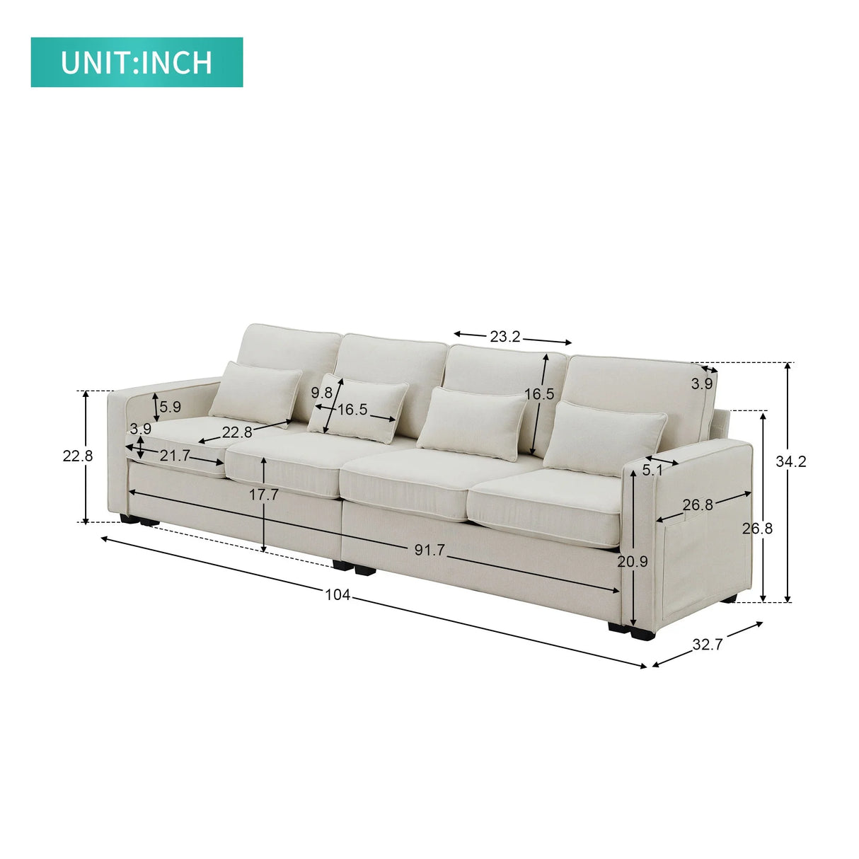 4 Seater Modern Linen Sofa With Armrest Pockets And 4 Pillows, Minimalist Style Couch For Living Room - Furniture Home Direct