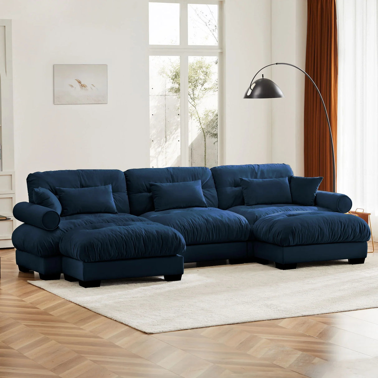 Modern Sectional Sofa With Ottoman, Round Bolster Armrests, Waist And Throw Pillows - Furniture Home Direct