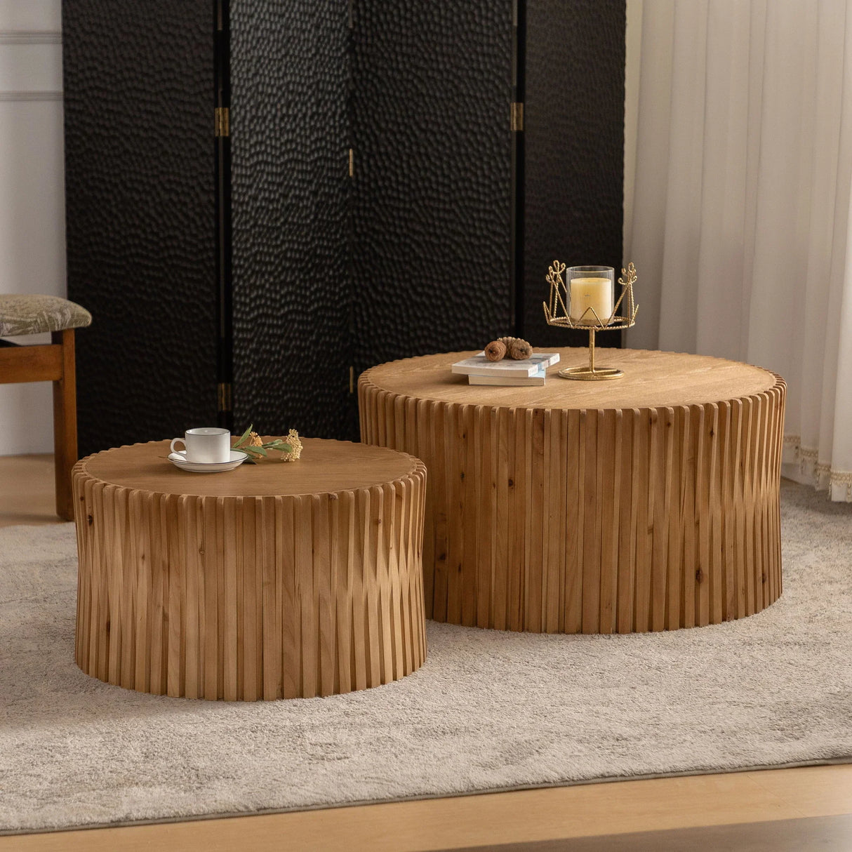 Vintage Fashion Style Cylindrical Nesting Coffee Table Set With Vertical Textured Embossed Design - Natural - Furniture Home Direct
