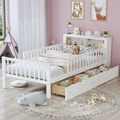 Bed With Headboard Storage Rack, 2 Under Bed Drawers, 3 Side Guardrails For Safety - Furniture Home Direct