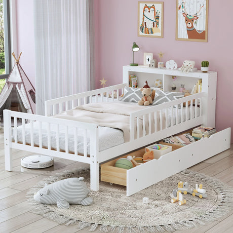 Bed With Headboard Storage Rack, 2 Under Bed Drawers, 3 Side Guardrails For Safety - Furniture Home Direct