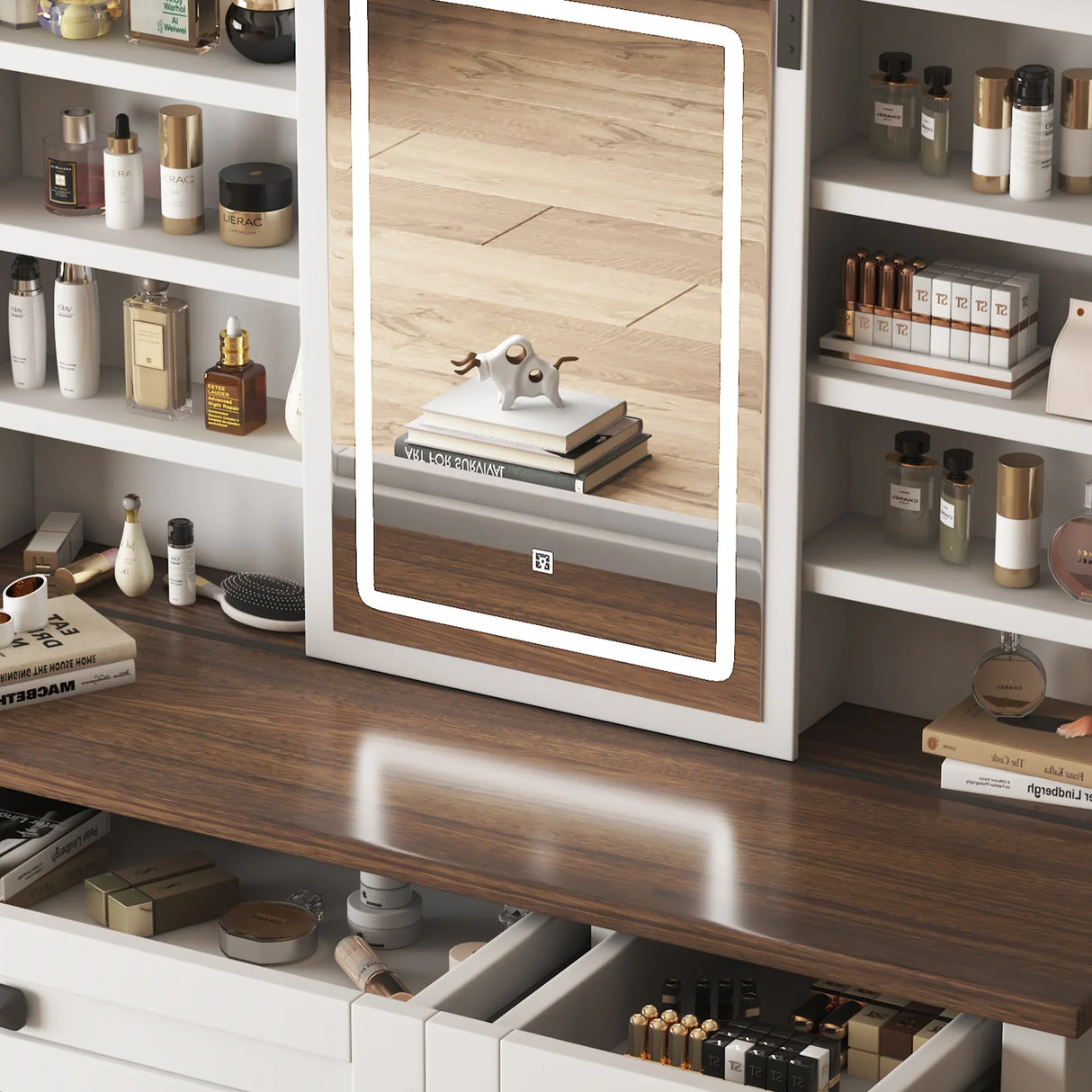Vanity Desk With Sliding Mirror And LED Lights White - Furniture Home Direct