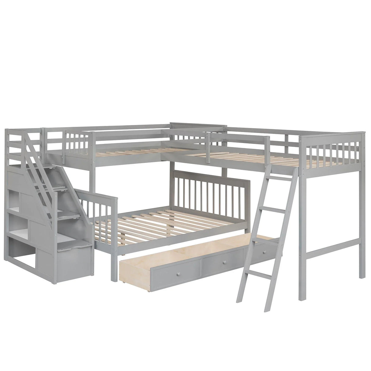 Solid L Shaped Bunk Bed With 3 Drawers, Ladder And Staircase - Furniture Home Direct