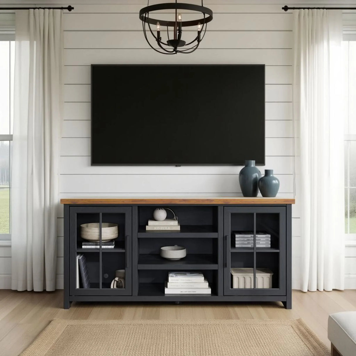 Essex - TV Stand Console For TVs Up To 80" - Black, Whiskey - Furniture Home Direct