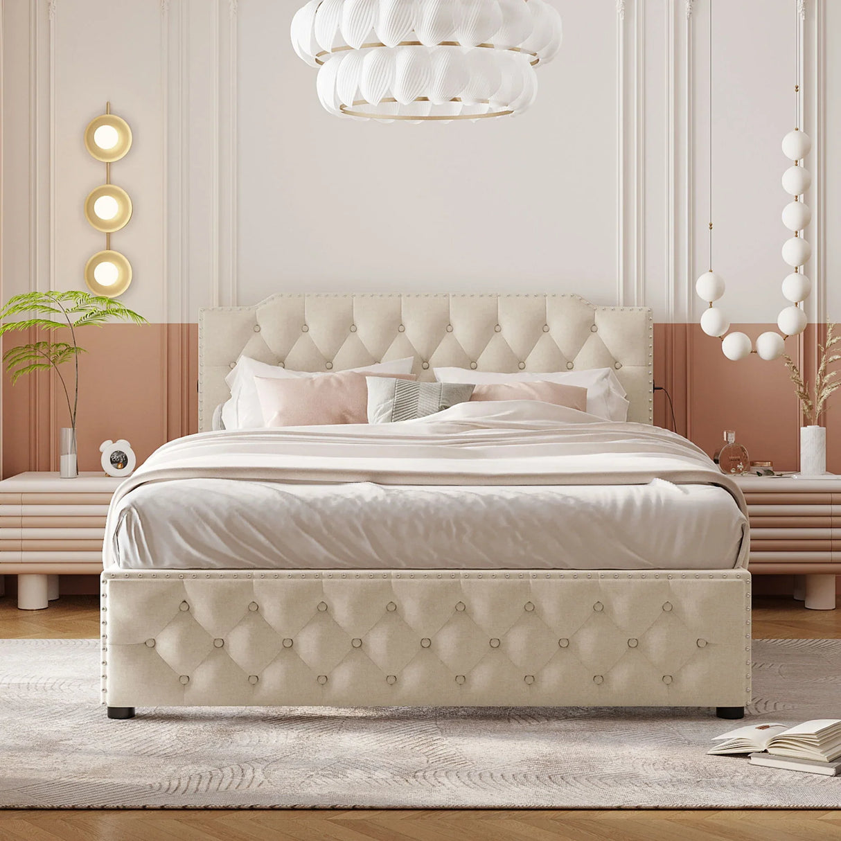 Upholstered Platform Bed With 2 Drawers And 2 Sets Of USB Ports On Each Side, Linen Fabric - Furniture Home Direct