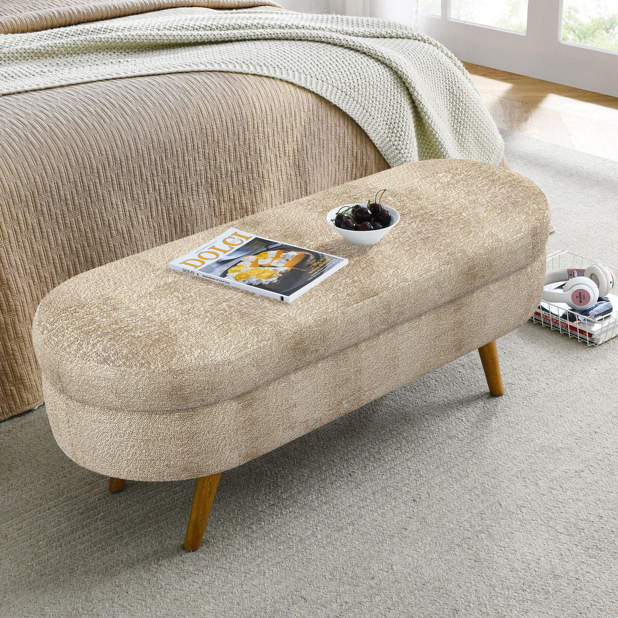 Modern Ottoman Oval Storage Bench With Rubber Wood Legs - Furniture Home Direct