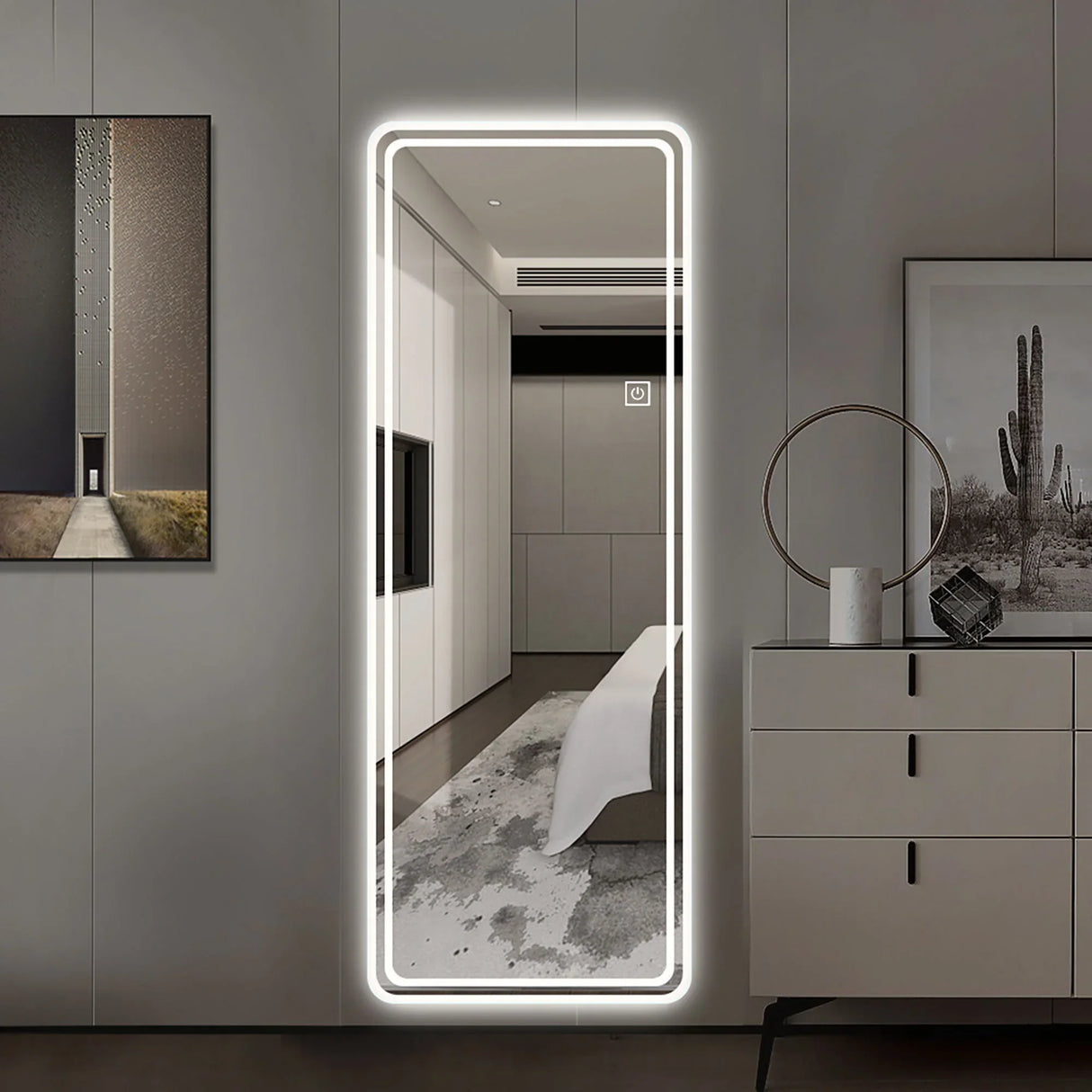 Frameless Full Length Floor Mirror With LED Light, Dimming & 3 Color Modes Mirror - Silver - Furniture Home Direct