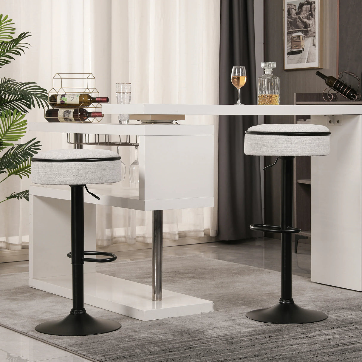 Counter Stool Round Linen Upholstered Seat Off White - Furniture Home Direct