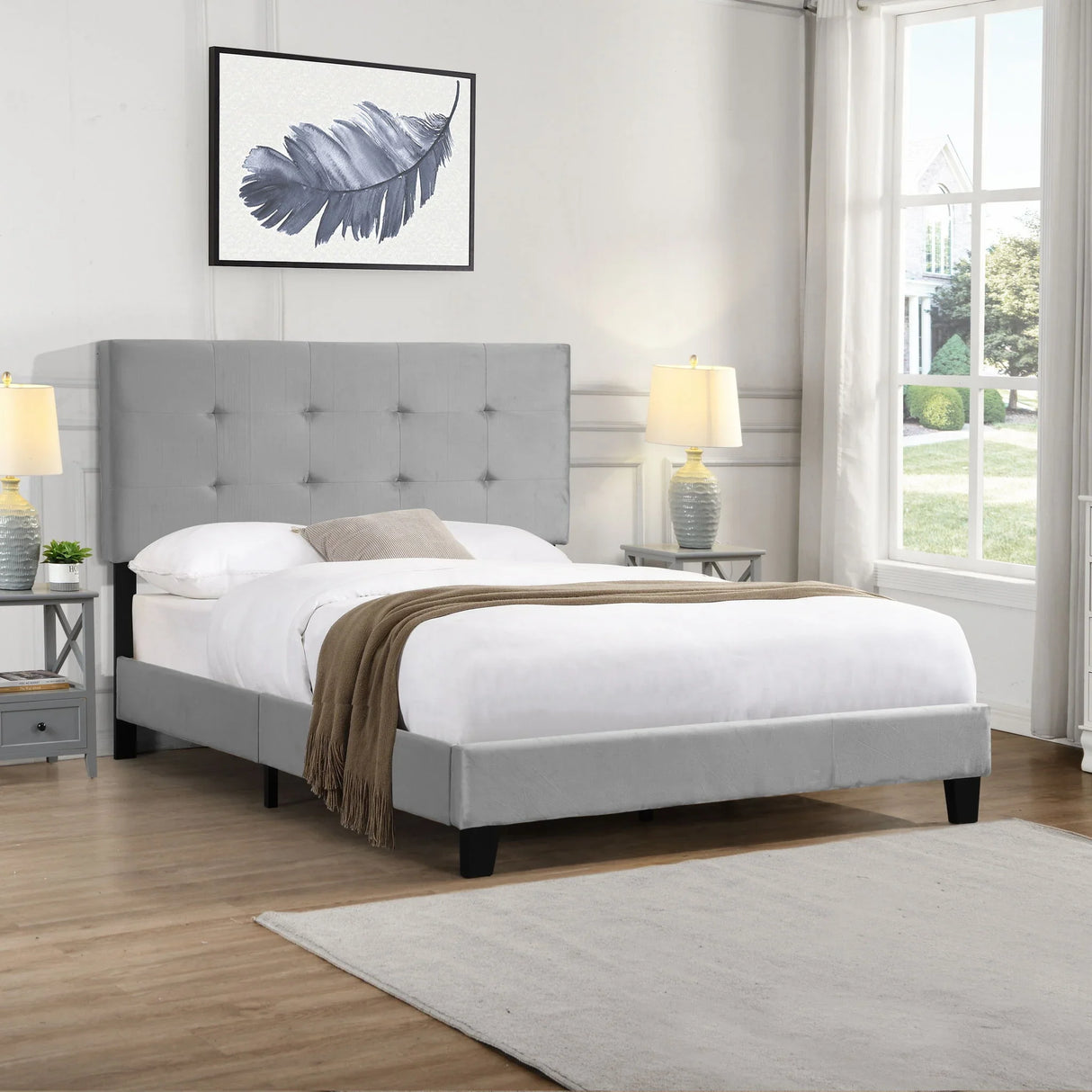 Full Size Upholstered Platform Bed Frame With Tufted Headboard, Strong Wood Slat Support - Gray - Furniture Home Direct
