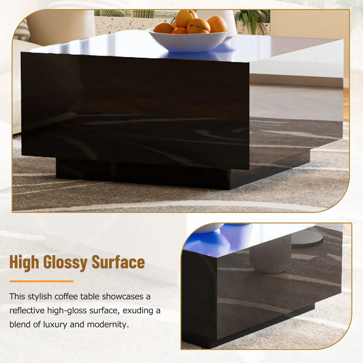 Square High Glossy Coffee Table With 16 Color Led Strip Lights, Modern Center Table With 5Mm Frosted Tempered Glass Top For Living Room - Furniture Home Direct